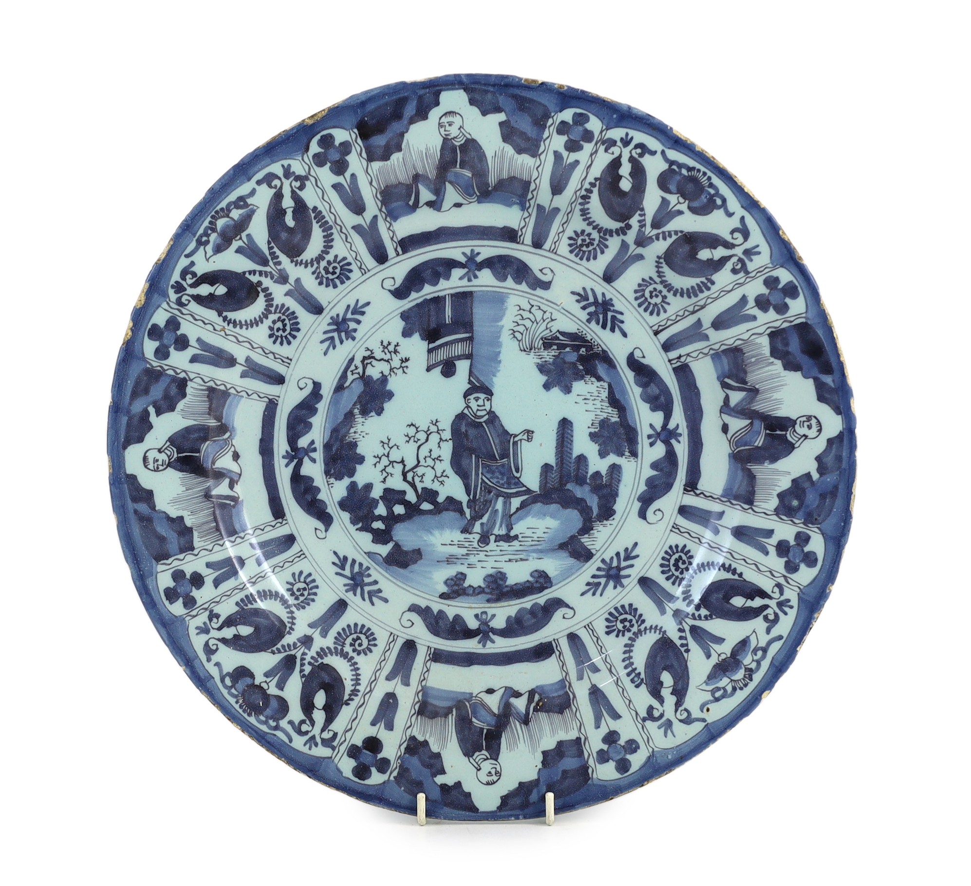 A Delft blue and white Kraak style dish, late 17th century, 34cm diameter